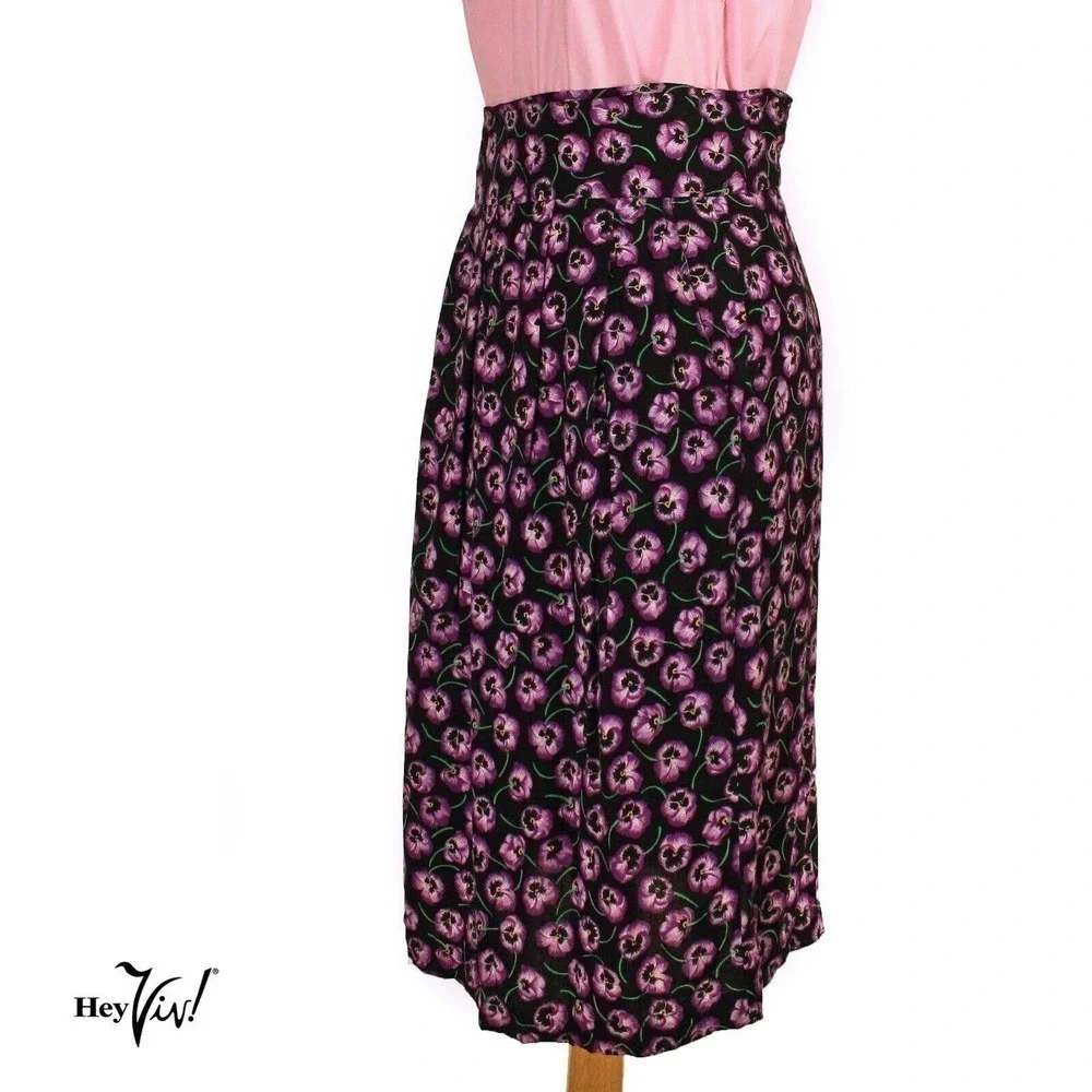 Vintage Worthington Midi Skirt 14 Black Violet Pansy Print High Waist - Hey Viv